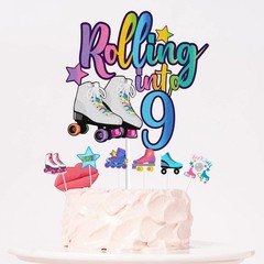 7Pcs Rolling into 9 Cake Toppers Set, Roller Skate, 9th Birthday, Retro, Girl