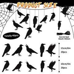 40pcs Glitter Black Crow Halloween Decorations Bird Raven Hanging