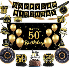 50Th Birthday Decorations, Black Gold 50 Years Old Birthday Party Supplies, Gold
