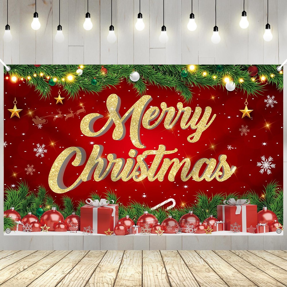 Large Merry Christmas Banner 72×44 Inch Christmas Backdrop For Christmas Party D