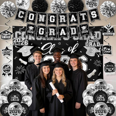 Black and Silver Graduation Decorations 2026 Set, All-In-1 Kit with Congrats Gra