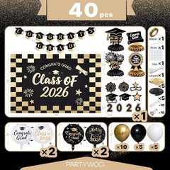 Graduation Decorations Class of 2026 Black Gold White 40pcs Grad Party Suppli…