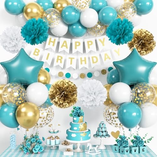 Teal & Gold Birthday Decorations – Turquoise Blue White Gold Teal White