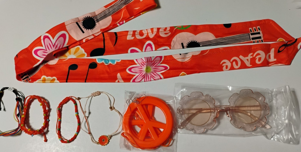 Hippie Costume Accessories Set 8 Pc. Boho Peace Sign Daisy Flower 60s 70s Orange