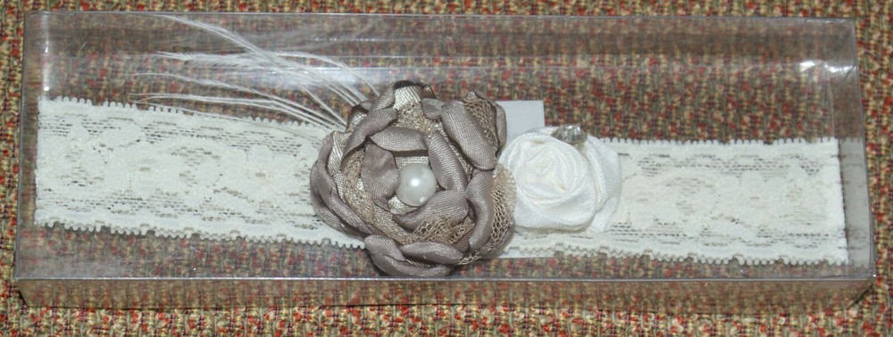 Vintage Lace Ivory & Taupe Garter Flower Feather Lillian Rose Fast Shipping