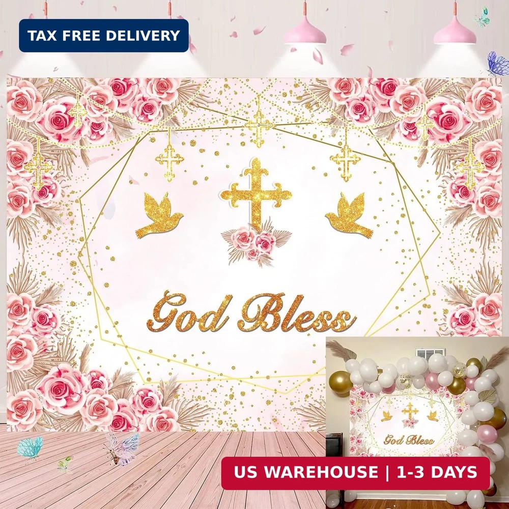 God Bless Backdrop for Girls First Holy Communion Baptism Backdrop Pink Flower G