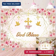 God Bless Backdrop for Girls First Holy Communion Baptism Backdrop Pink Flower G