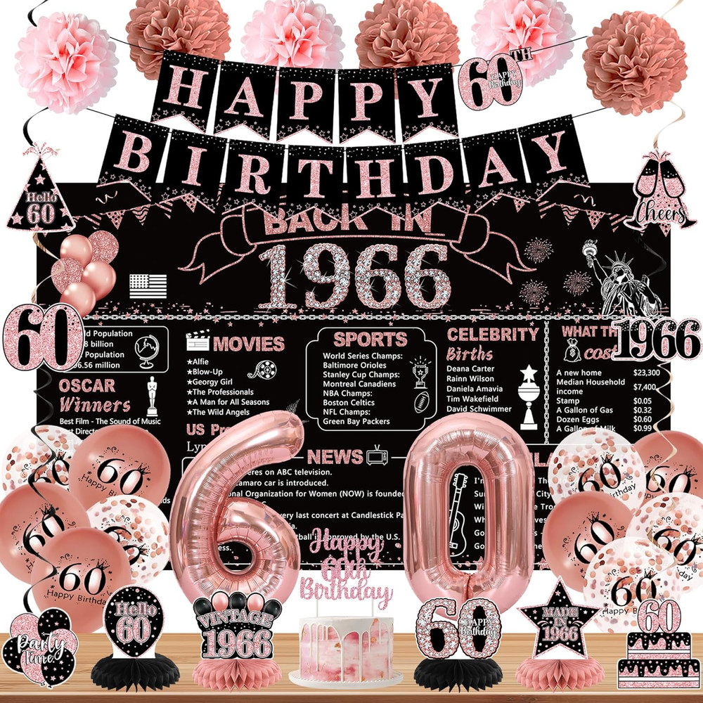 60Th Birthday Party Decorations for Women, Rose Gold Back in 1966 Banner, Rose G