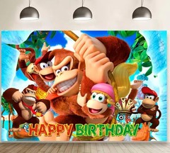 Donkey Kong Happy Birthday Banner Backdrop Diddy Dixie Kong 5’x3′ Party Decor