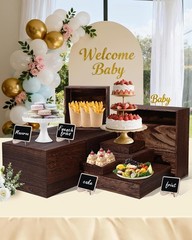 8 Size Nested Buffet Risers W/ Mini Signs 8PCS Rustic Wooden Cake & Dessert