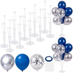 10 Balloon Stand Kits with Blue Silver Balloons – Centerpiece Decor for Parties