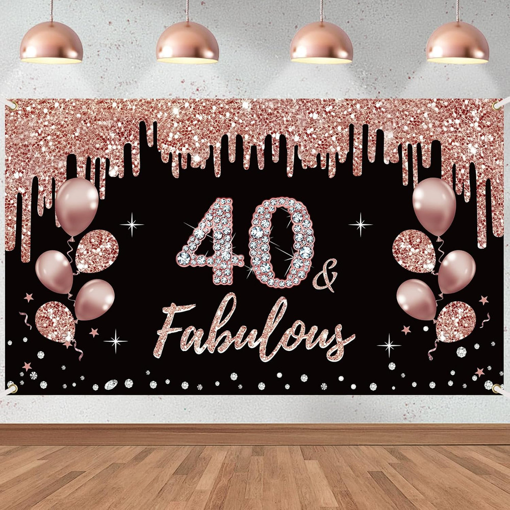 40Th Birthday Decorations Banner for Women, Rose Gold 40 Birthday Theme Sign Par