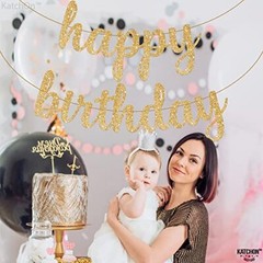 KatchOn Glitter Happy Birthday Banner – 10 Feet, Pre-Strung – Luxurious Gold