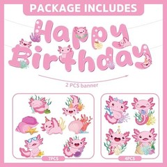 Axolotl Birthday Party Decorations – 12 PCs Pink Cute Cartoon Animals Happy