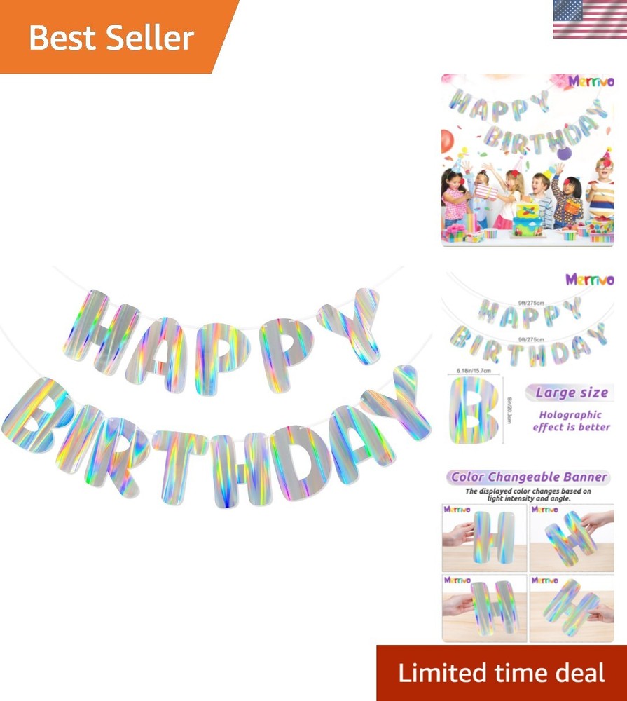 Iridescent Happy Birthday Banner, Pre-Strung Holographic Birthday Decorations…