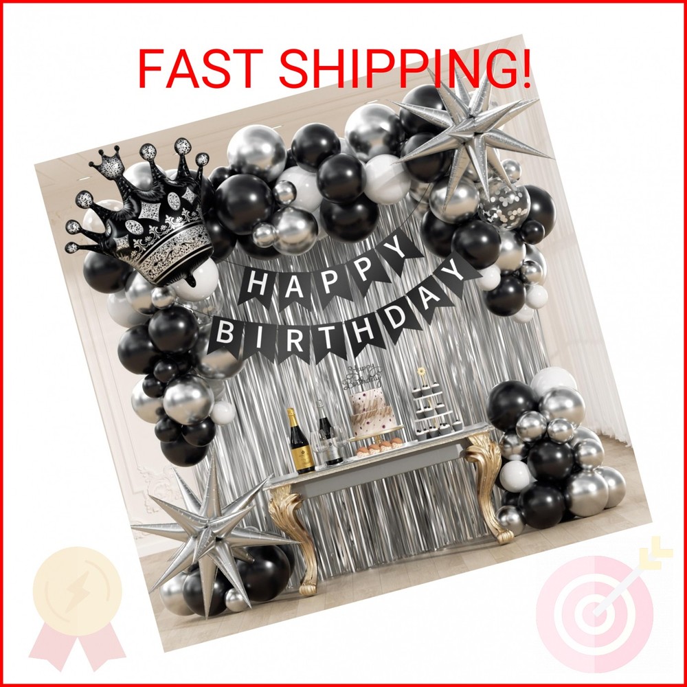 Black Birthday Decorations for Men with White Black and silver Balloons Banner M
