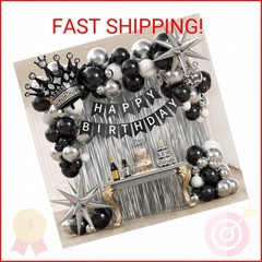 Black Birthday Decorations for Men with White Black and silver Balloons Banner M