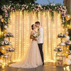 Champagne Tulle Backdrop Curtain with Lights String for Parites Wedding 5x8ft