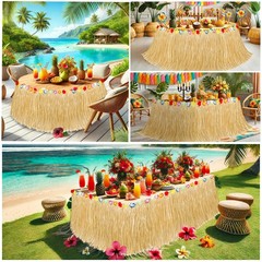 Luau Party Decorations, Grass Table Skirt for Large, 2PCS Straw Yellow
