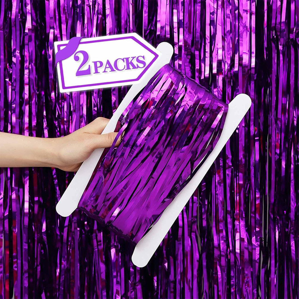 2 Pcs Purple Metallic Tinsel Foil Fringe Curtains Backdrop, 3.28 Ft X 6.56 Ft St