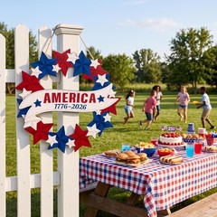 Independence Day Wooden Wreath, Red White Blue Outdoor Front Door Decor