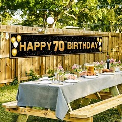 ANATANOWOR 70th Birthday Decorations for Men Women, 118×20 inches, Black Gold