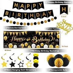 Gold Black Birthday Decorations, Happy Birthday Banner, Backdrop, Balloons, H…
