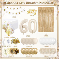 60Th Birthday Decorations, Happy 60Th Birthday Decorations White and Gold Balloo