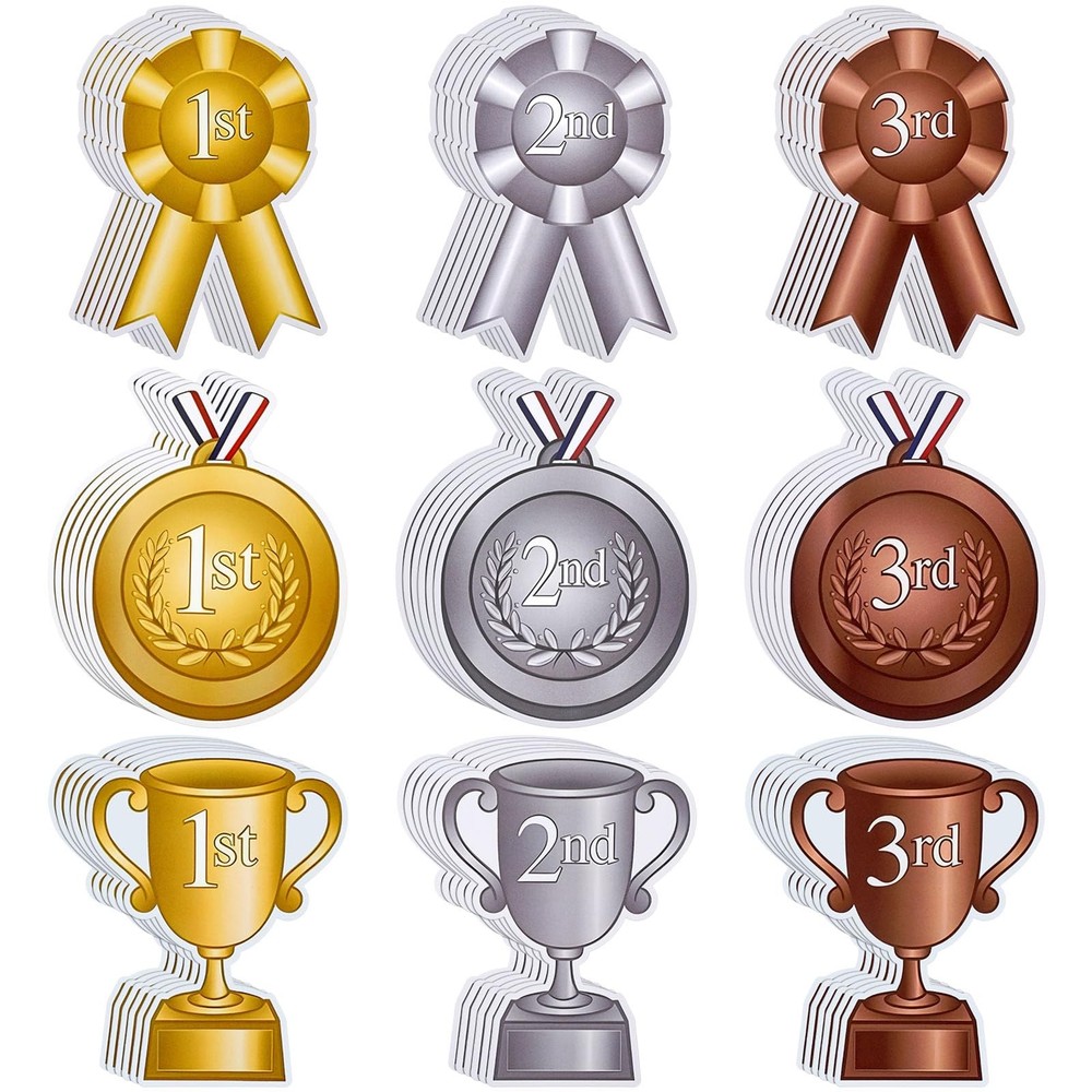 54 PCS Assorted Award Ribbon Cutouts Gold Silver Bronze Medals 1st 2nd 3rd