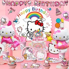 124 Pcs Hello Kitty Party Supplies Plates Foil Balloons Backdrop Tablecloth Cups