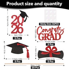 20 PCS Graduation Decorations Class of 2026, Black and Red Double-Sided Centerpi