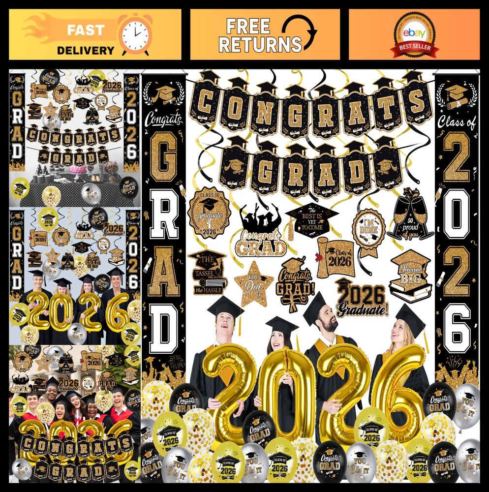 38Pcs Black Gold 2026 Graduation Party Decorations – Congrats Grad Banner, Swirl