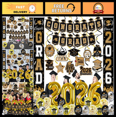 38Pcs Black Gold 2026 Graduation Party Decorations – Congrats Grad Banner, Swirl