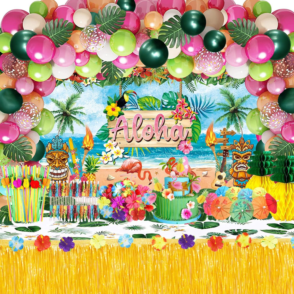 161 Pcs Hawaiian Luau Party Decorations, Tropical Summer Beach Party Supplies In