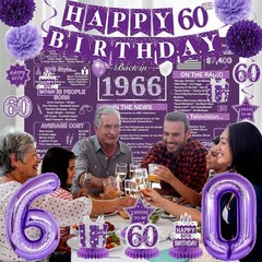 Purple 60Th Birthday Decorations for Women – Back in 1966 Backdrop, Banner, Swir