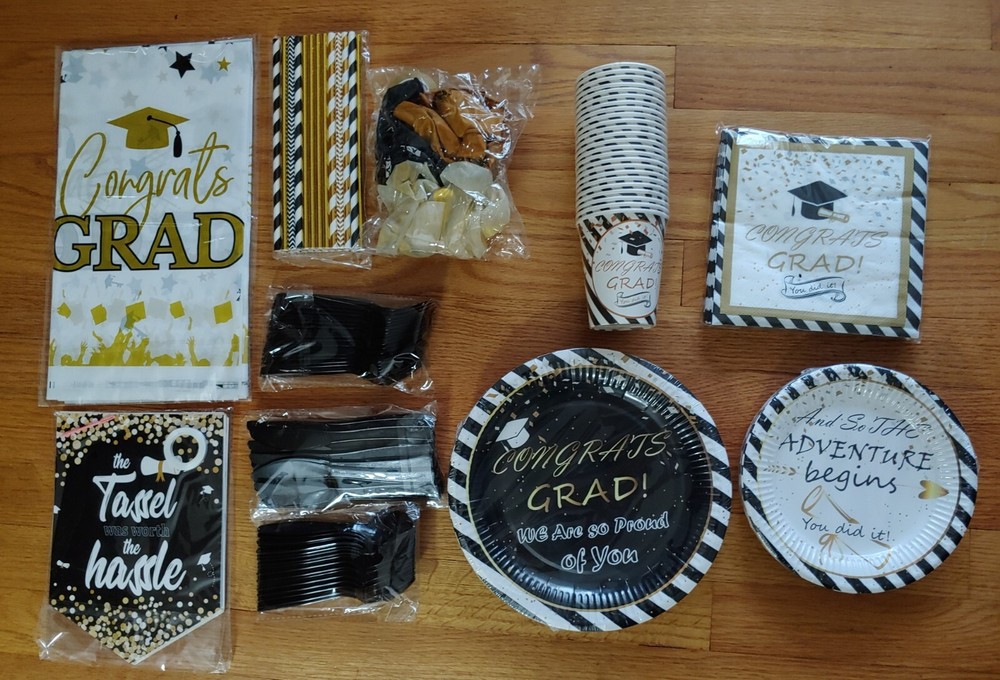 Gold White & Black Complete Graduation Party Paper Any Year service 24 Total 218