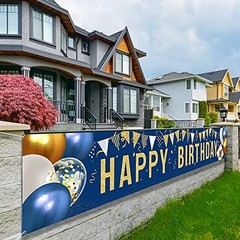 Happy Birthday Yard Sign Banner – Large 118″ x 19.7″ Navy Blue and Gold