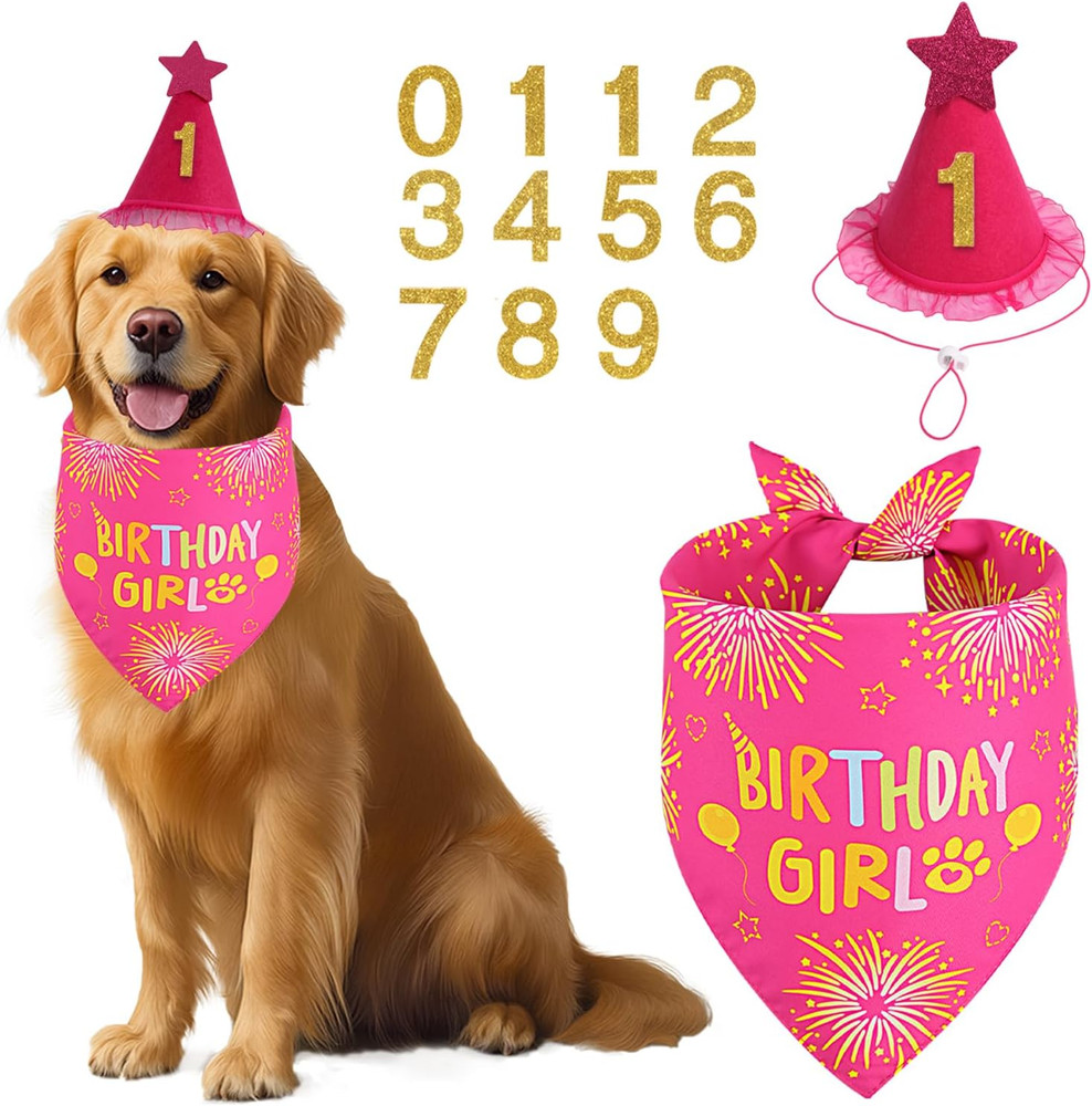 Dog Birthday Decorations Rose Pink, Dog Birthday Party Supplies with Hat
