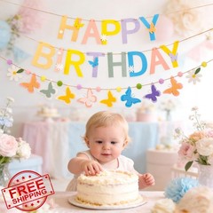 OBBOLO Yellow Pink Blue Butterfly Birthday Banner