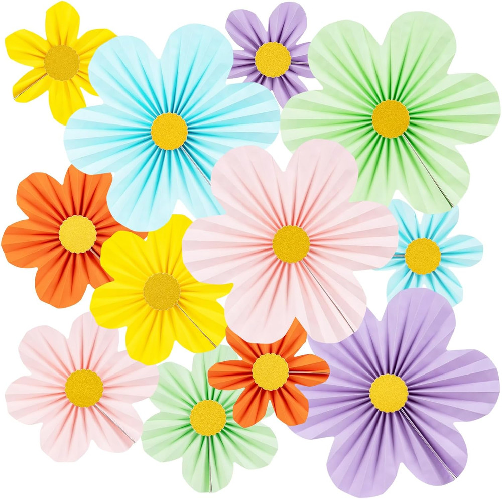 12 Pcs Paper Flowers Decorations for Wall, Pink Yellow Green Purple Orange Blue