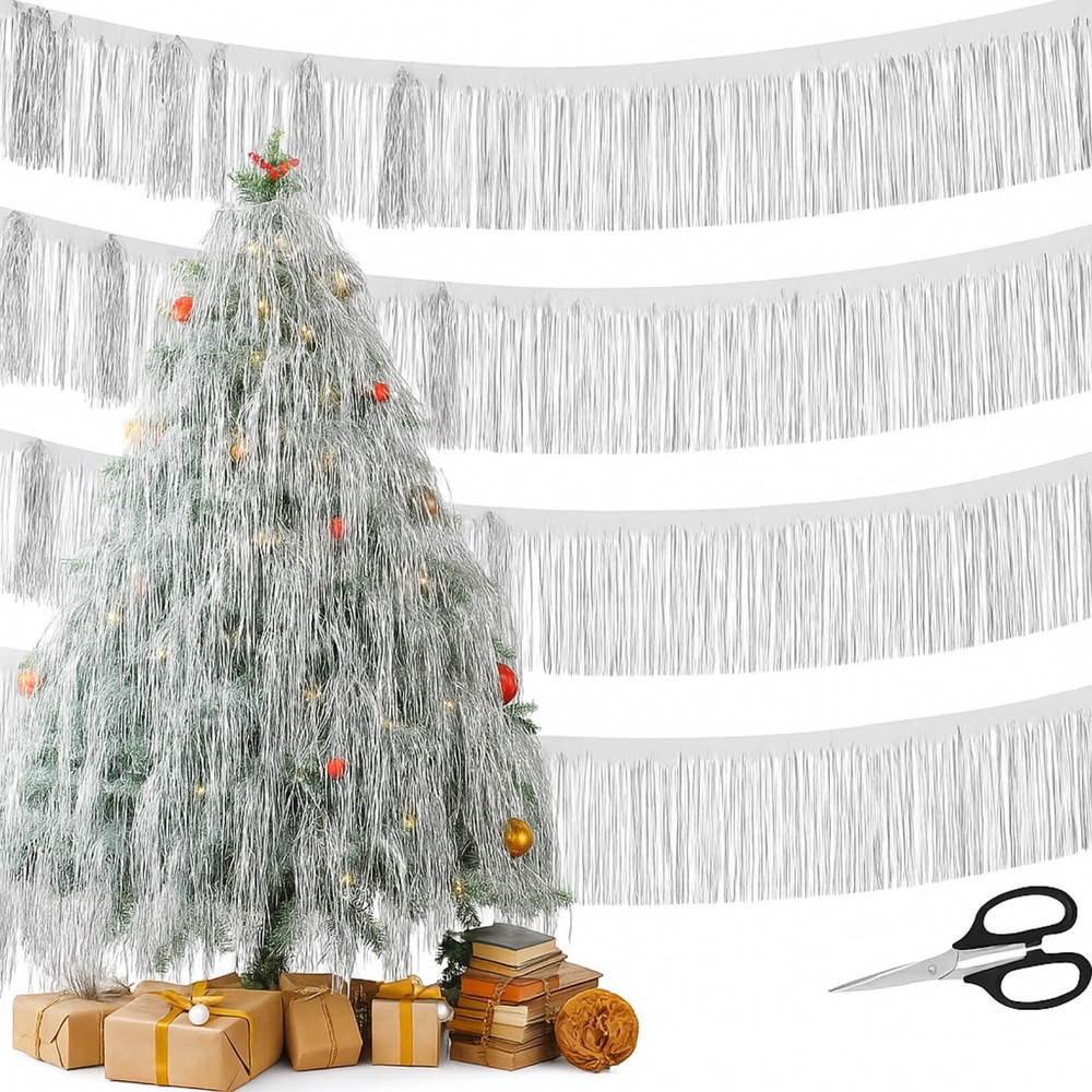 90 Feet Christmas Tree Tinsel Silver Metallic Tinsel Foil Fringe Large Christ…