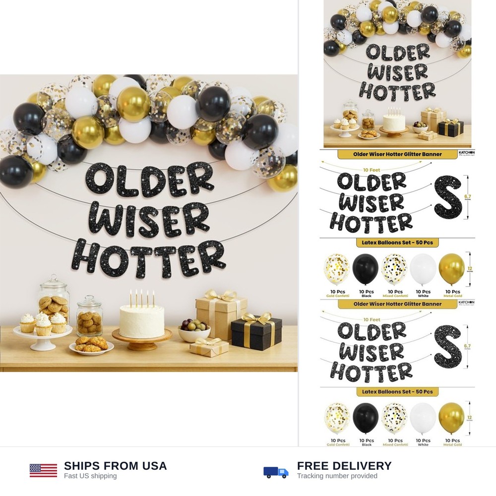 KatchOn, Older Wiser Hotter Birthday Decorations – Pack Of 51 | Black Happy B…