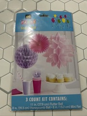 321 Party 3 Count Decorative Tissue Kit Flutter, Honeycomb Ball Mini Fan Pink