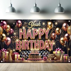 Happy Birthday Backdrop Banner for Women Girls 5.92 ft x 3.58 ft, Gold Pink