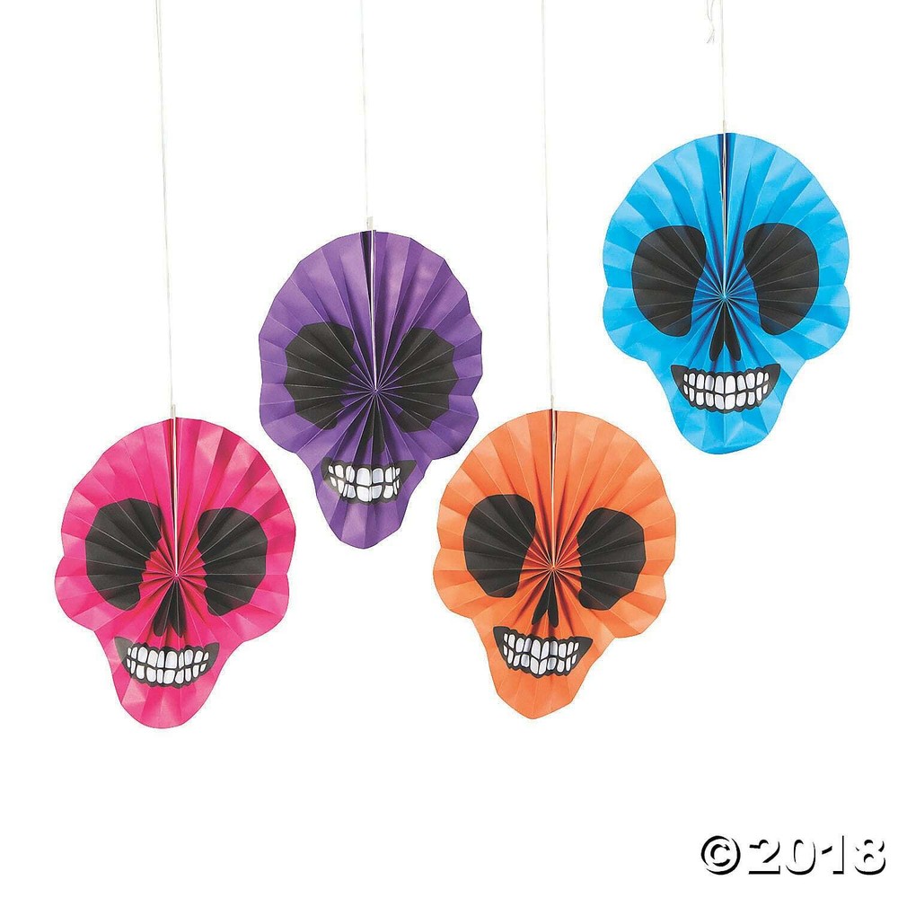 4 SKULL SHAPE HANGING PAPER FANS DAY OF THE DEAD HALLOWEEN PARTY DECORATIONS
