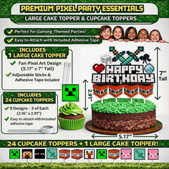 Pixel Birthday Party Decorations, Party Supplies Set Including Banner Tableware