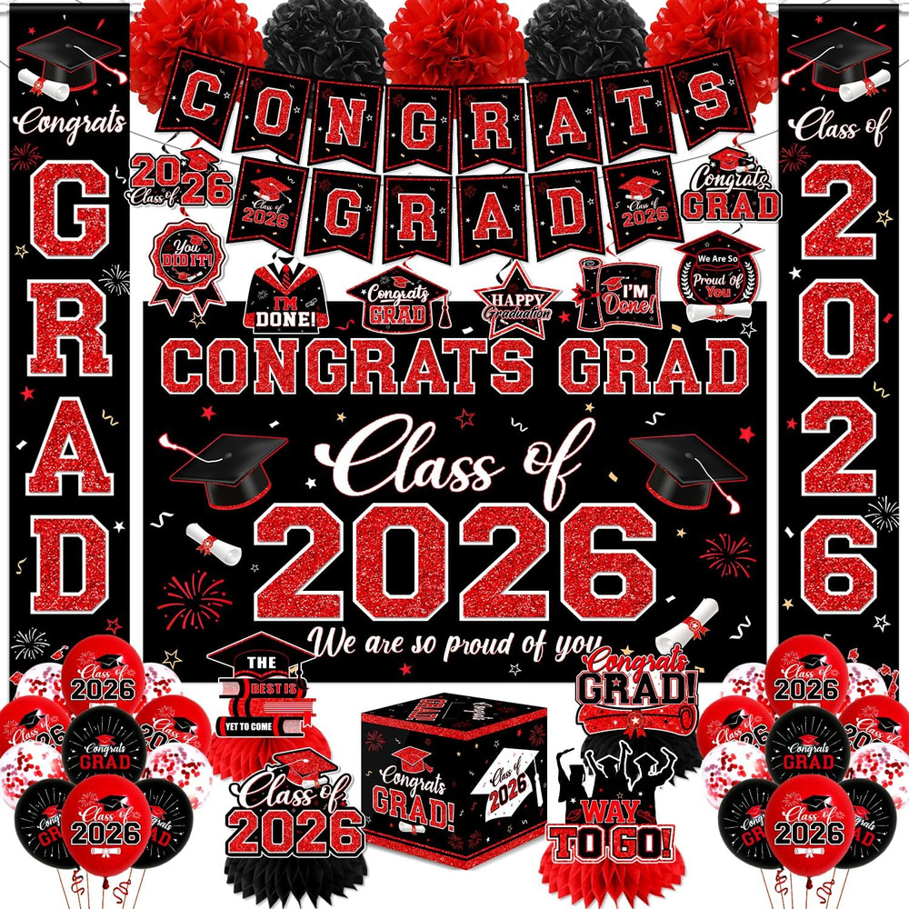 Graduation Decorations Class of 2026,Red Graduation Party Supplies- Congrats Gra