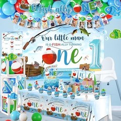 Ofishally One Birthday Decorations,161pcs Gone Fishing 1st Birth day Party Banne