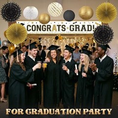 Black and Gold Party Decorations Set with Hanging Paper Lanterns Fans for Gra…