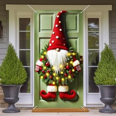 Christmas Gnome Door Banner for Holiday Front Porch Decor Santa Elf Wreath Hangi